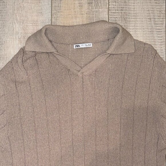 Zara Textured Polo Mens Large Beige - Picture 1 of 2